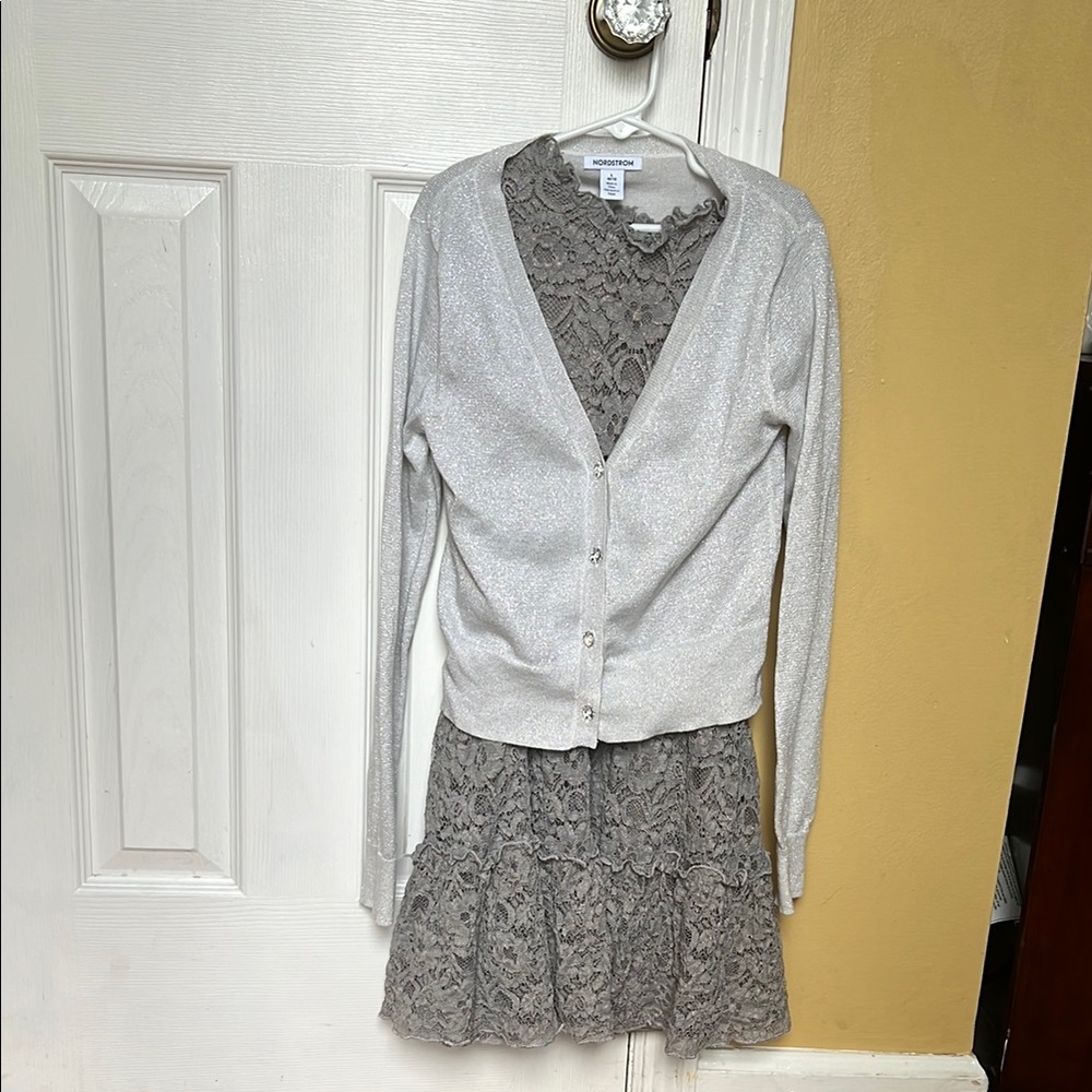Zunie Girls Glitter Floral Ruffle Sleeved Shift Dress Size 12 and Cardigan 10/12